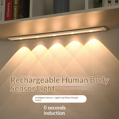 Rechargeable human body sensor light on a wall with text indicating its features.