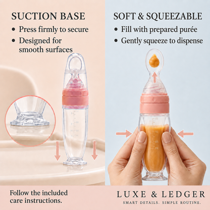 A split promotional graphic showing a clear baby bottle with a pink top and a suction base on the left, and a hand squeezing a filled bottle with a spoon dispenser on the right. Text highlights features like suction base and soft squeezable dispensing, with the brand name Luxe & Ledger at the bottom.
