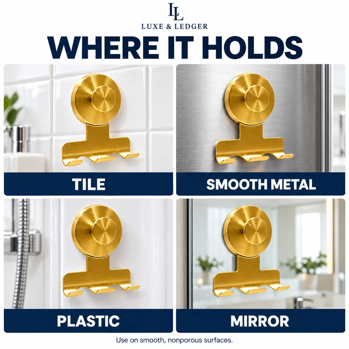 Gold wall-mounted hook with suction-style base and text reading 'BUILT FOR A SECURE HOLD', 'HOLDS 3-5 KG', plus examples on tile, smooth metal, plastic, and mirror surfaces. Brand name Luxe & Ledger appears at the top.