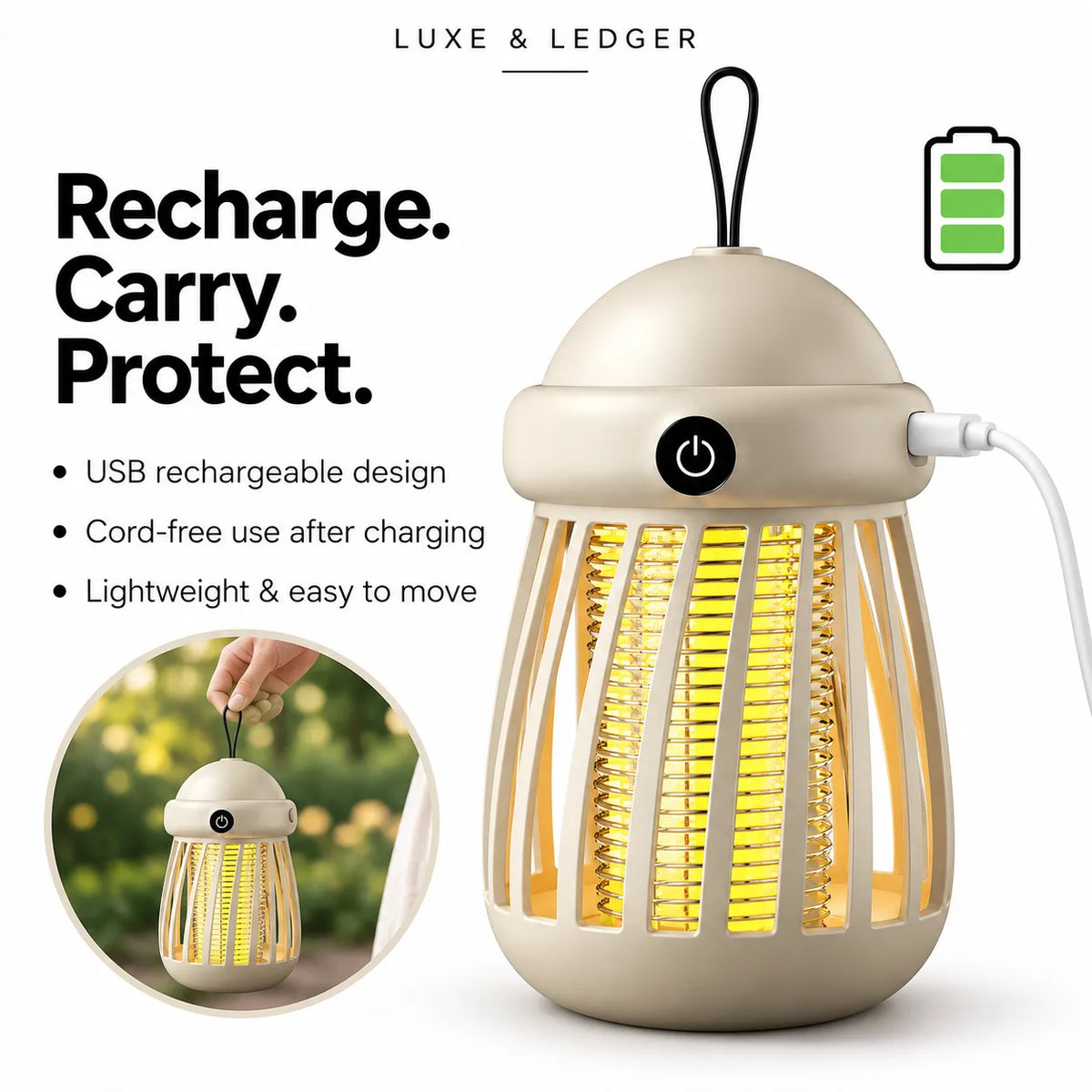 Luxe & Ledger mosquito repellent lantern in a warm beige color, featuring a glowing yellow insect trap, a black power button on the front, and a white USB charging cable. The image includes marketing text, a battery icon, and a circular lifestyle inset showing the lantern being held outdoors.