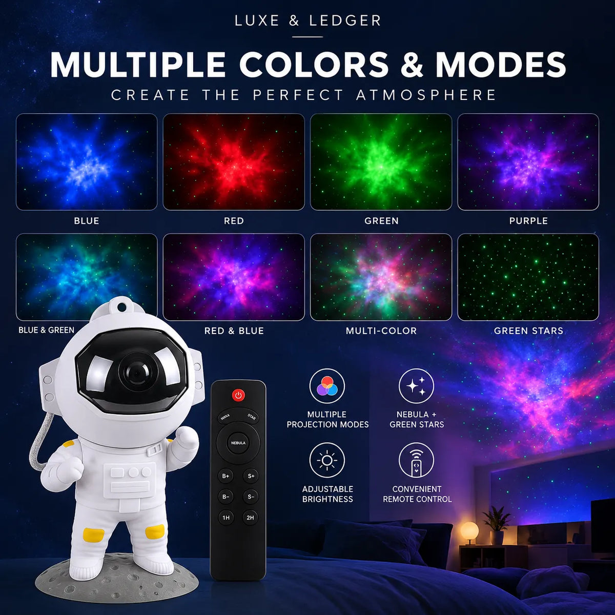 An astronaut-shaped LED night light by Luxe & Ledger, shown alongside its remote control and a grid of color and mode options including blue, red, green, purple, and multi-color space nebula projections.