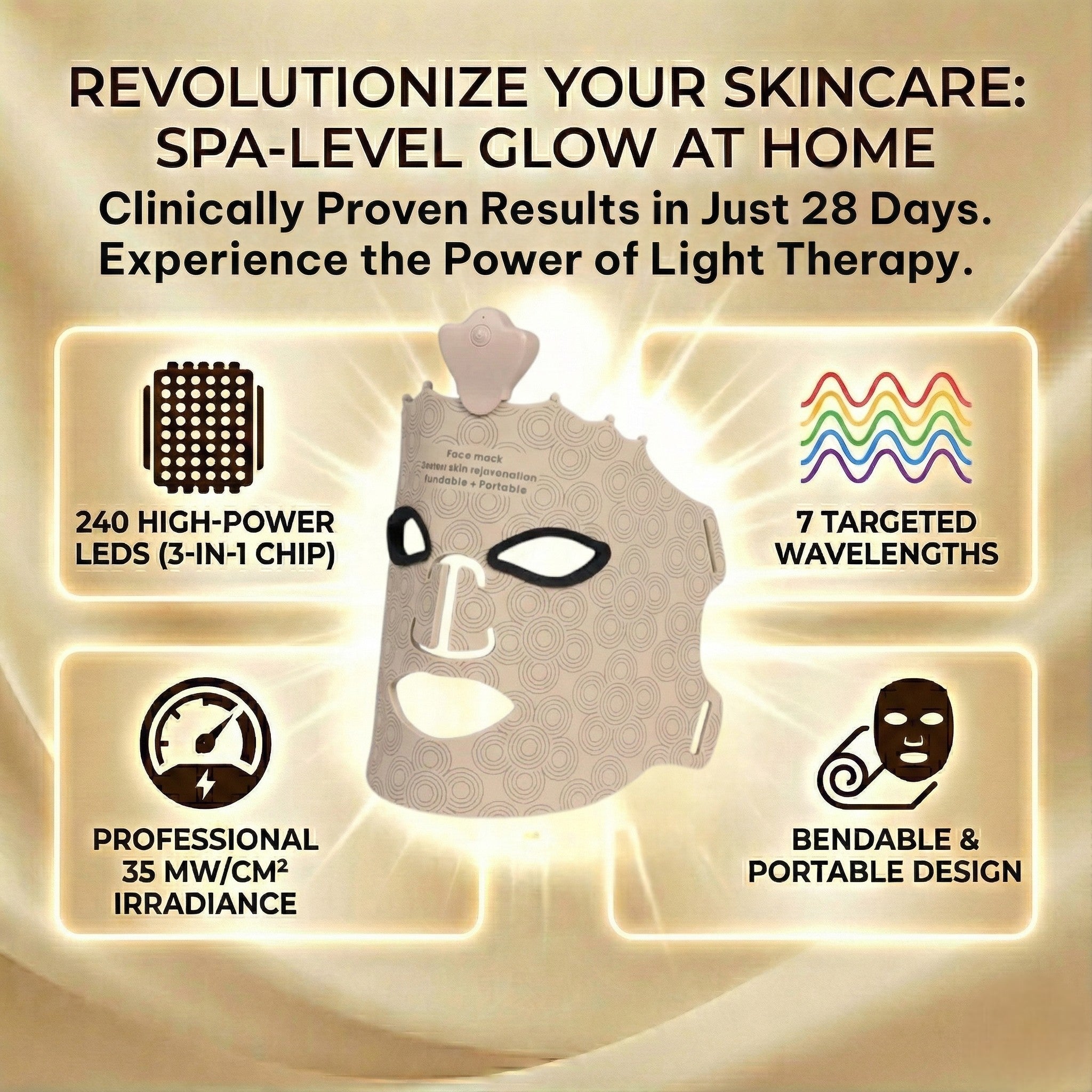 Skincare device with light therapy features and benefits on a beige background