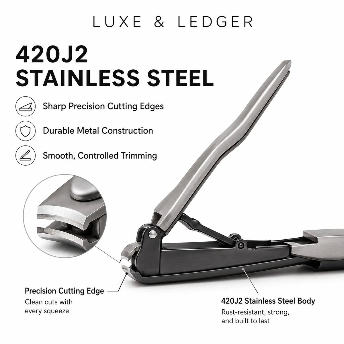 Stainless steel nail clippers shown on a white background with marketing text and callout labels highlighting precision cutting edges and 420J2 steel construction.