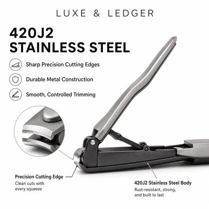 Stainless steel nail clippers shown on a white background with marketing text and callout labels highlighting precision cutting edges and 420J2 steel construction.