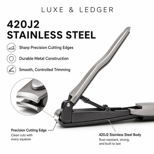 Stainless steel nail clippers shown on a white background with marketing text and callout labels highlighting precision cutting edges and 420J2 steel construction.