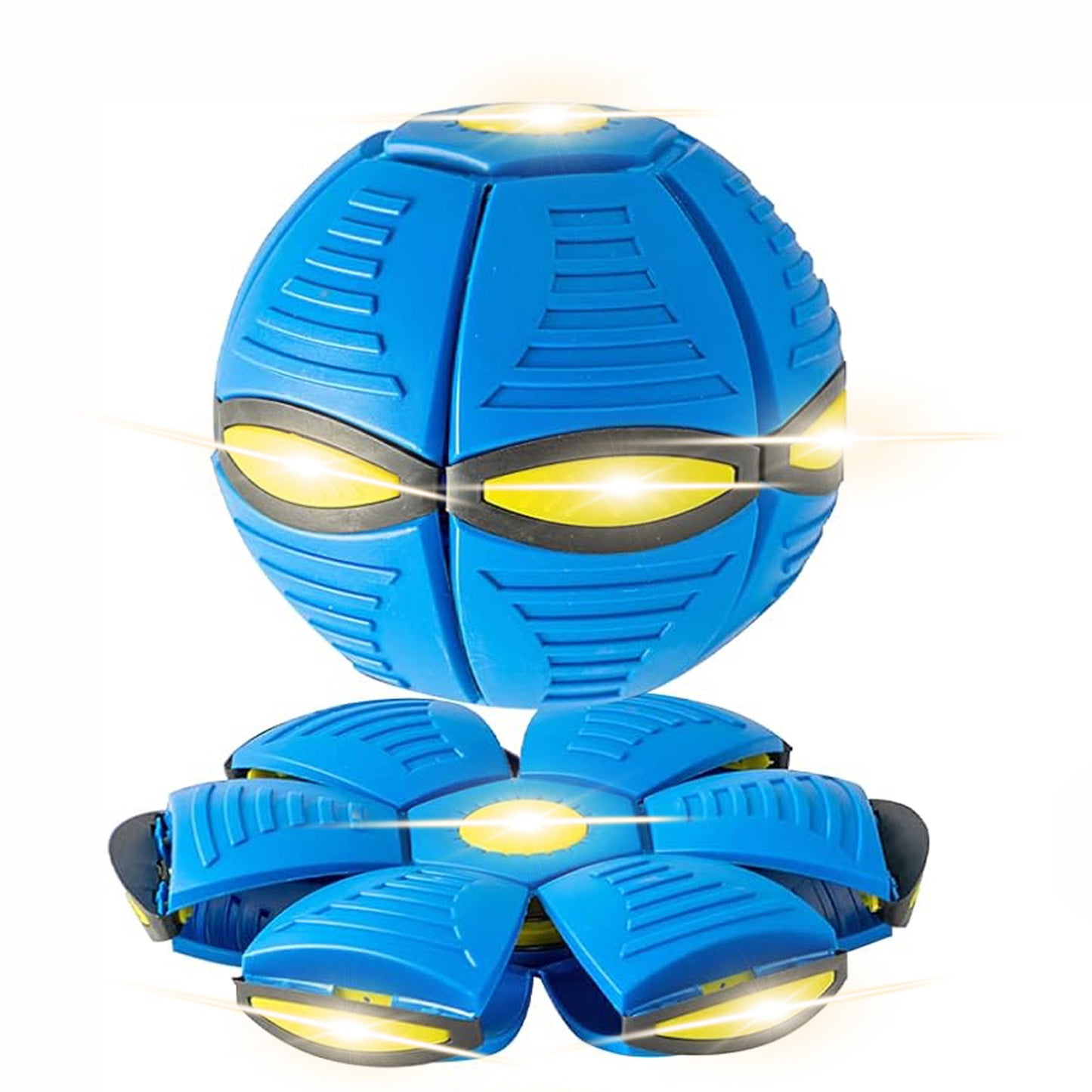 Blue and yellow toy ball with glowing eyes on a white background