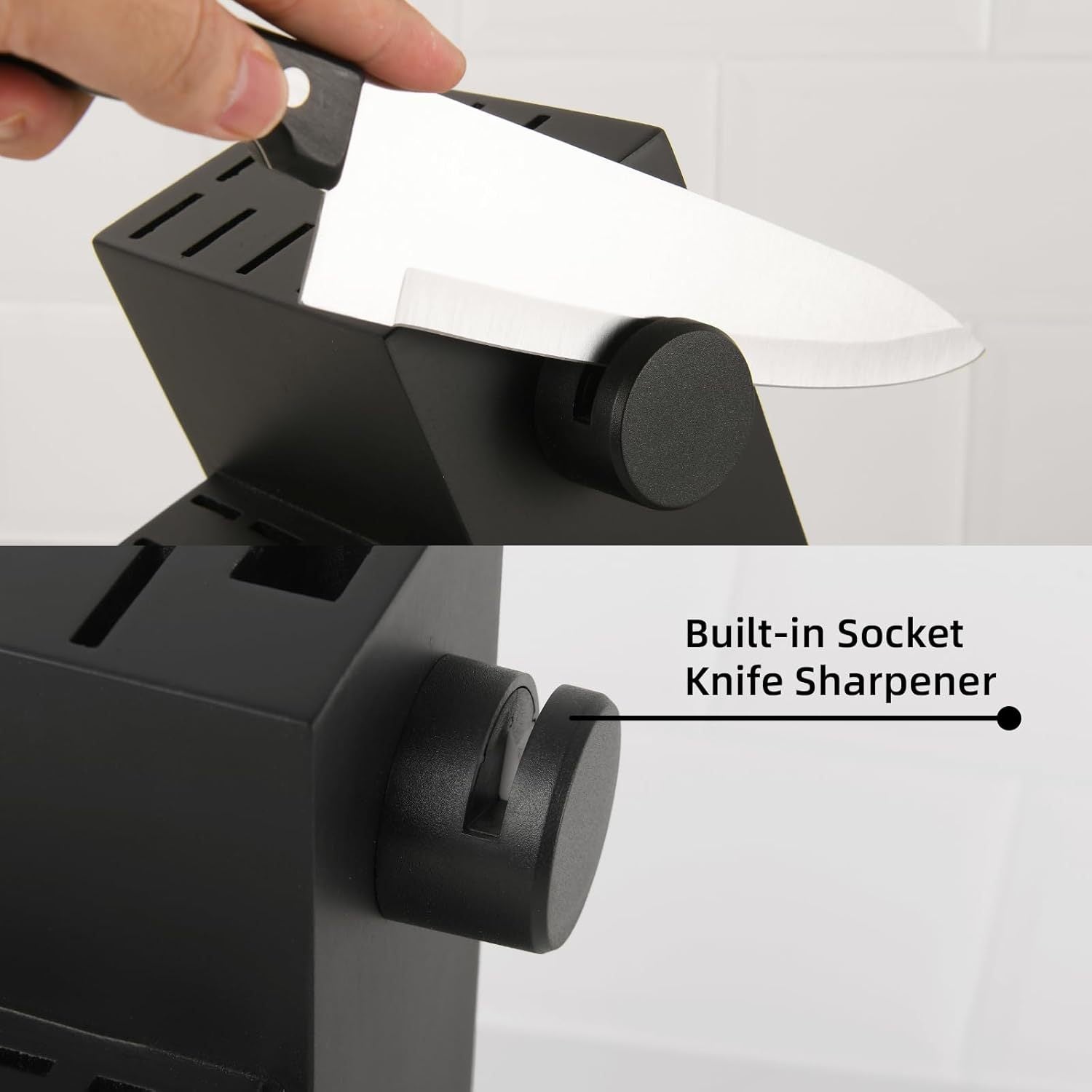 Knife sharpener with a hand holding a knife, labeled 'Built-in Socket Knife Sharpener'.