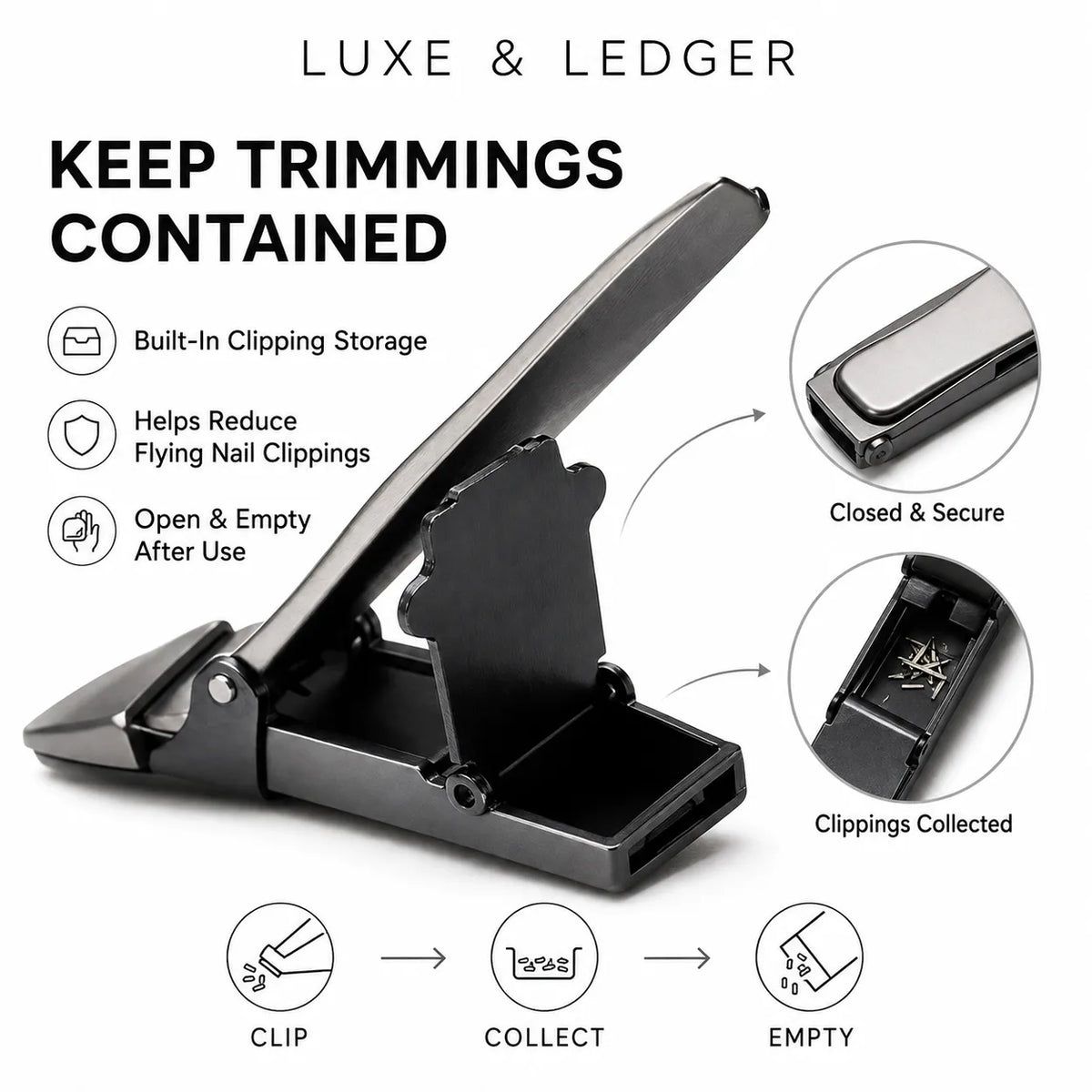 A black metal nail clipper tool shown on a white background with marketing text, callout circles, and icons explaining clip, collect, and empty functionality. The top reads 'LUXE & LEDGER' and the headline says 'KEEP TRIMMINGS CONTAINED.