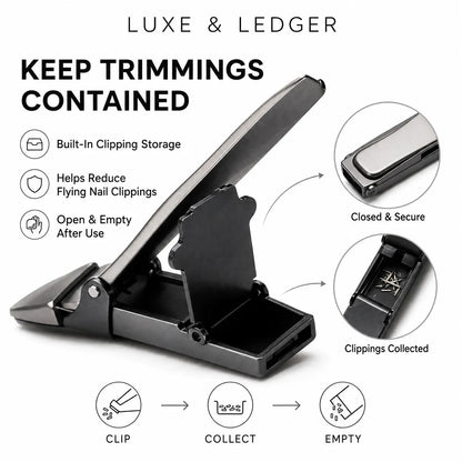 A black metal nail clipper tool shown on a white background with marketing text, callout circles, and icons explaining clip, collect, and empty functionality. The top reads 'LUXE & LEDGER' and the headline says 'KEEP TRIMMINGS CONTAINED.