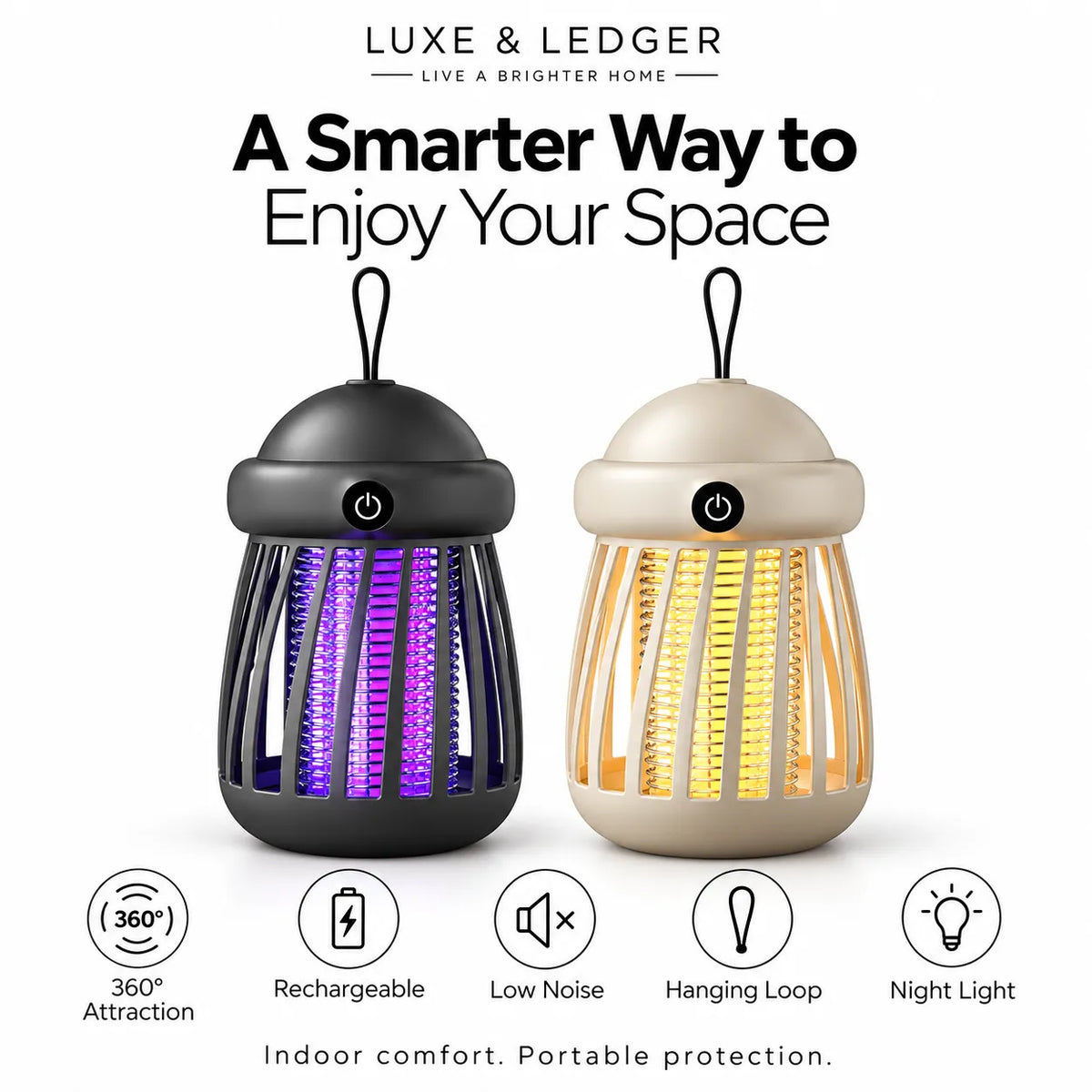 Two portable electric insect zappers by Luxe & Ledger, one in black and one in beige, shown on a white background with promotional text and feature icons below.