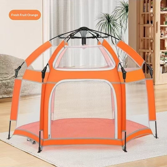 Orange playpen with mesh sides in a room setting