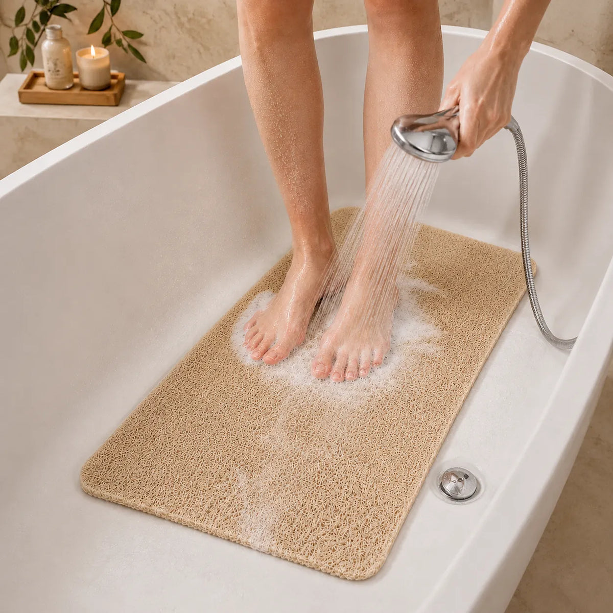 A beige bath mat inside a white bathtub while a person showers, with water running over the mat. The person's legs and hands are visible, and the scene is set in a real bathroom environment.