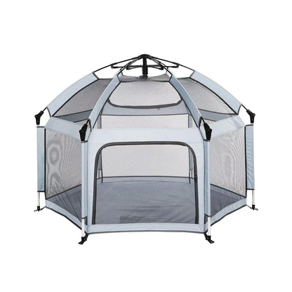 Pet playpen with mesh sides on a white background