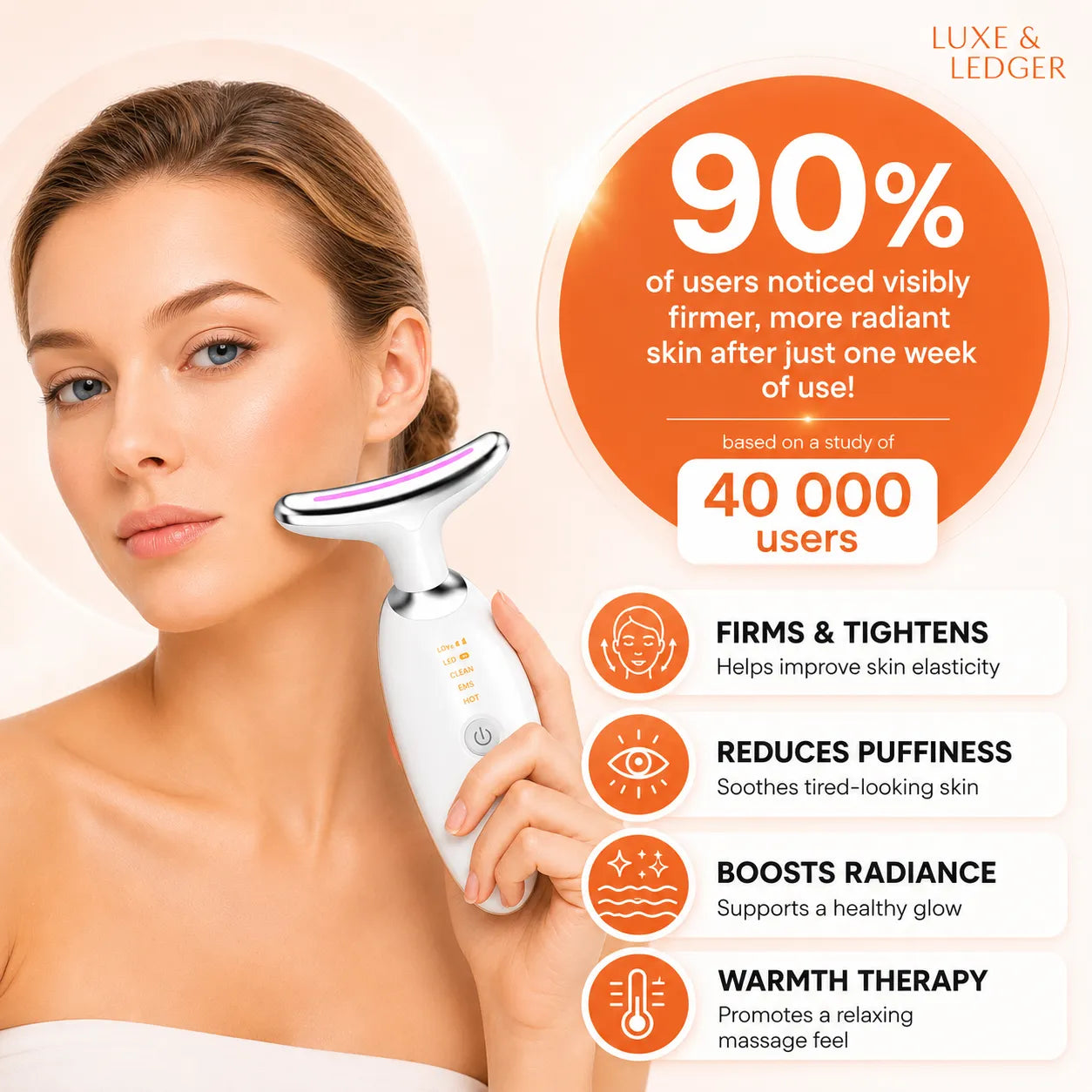 Woman holding a skincare device with product features and user feedback on a beige background
