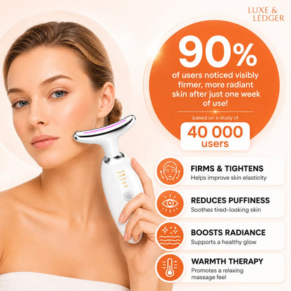 Woman holding a skincare device with product features and user feedback on a beige background