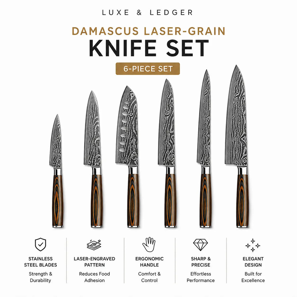 Six-piece Damascus steel knife set with patterned blades and brown wood-grain handles, displayed on a white background with text and feature icons. Branding at the top reads 'LUXE & LEDGER'.