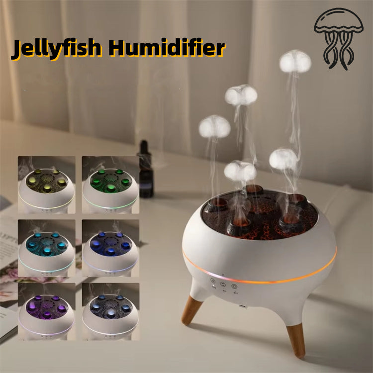 An ultrasonic humidifier designed to resemble jellyfish, with multiple light colors and wooden support legs.