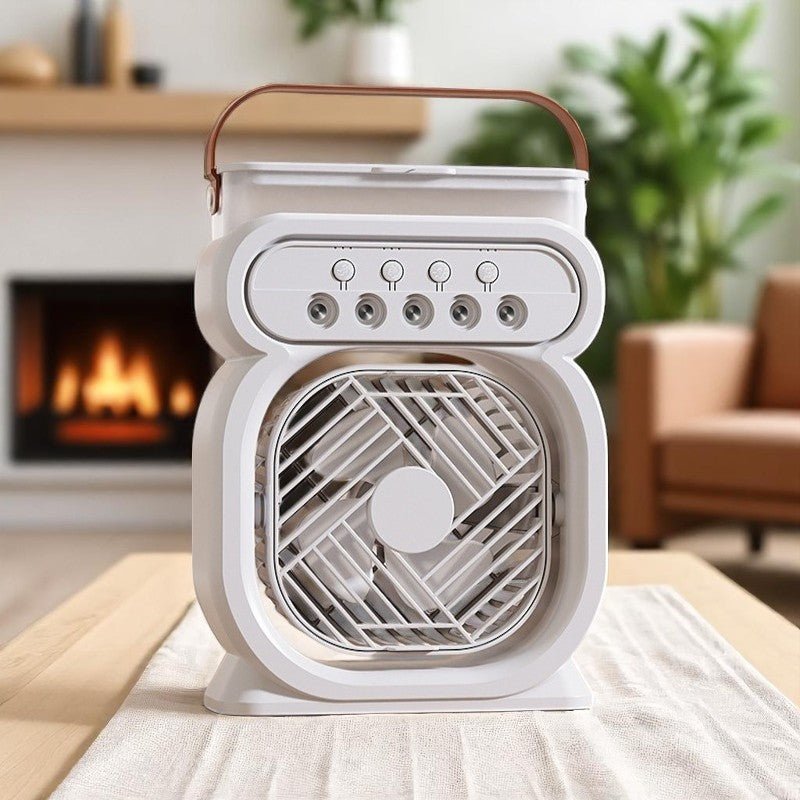 Portable fan on a table with a cozy indoor background