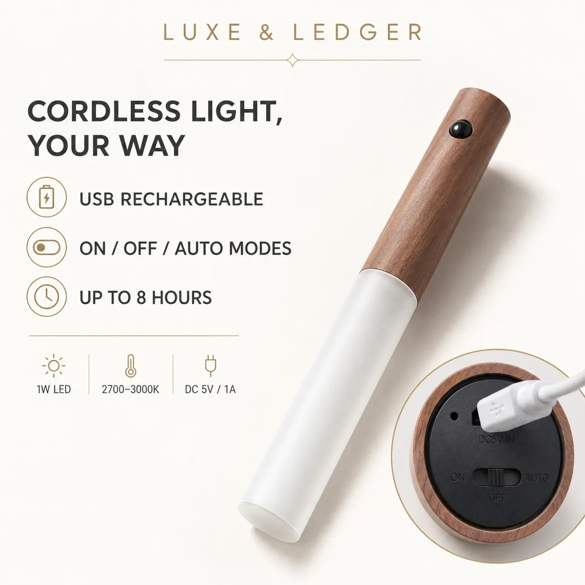 A cordless LED light pen by Luxe & Ledger, featuring a white body and a natural wood cap, shown on a light beige background with product features and a close-up of the charging port.