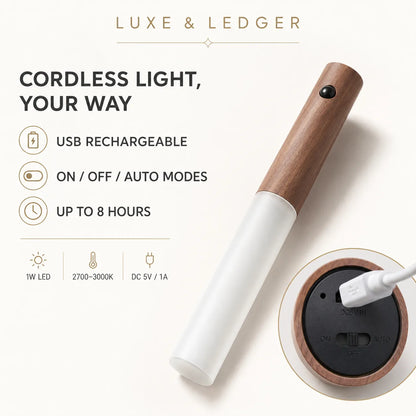 A cordless LED light pen by Luxe & Ledger, featuring a white body and a natural wood cap, shown on a light beige background with product features and a close-up of the charging port.