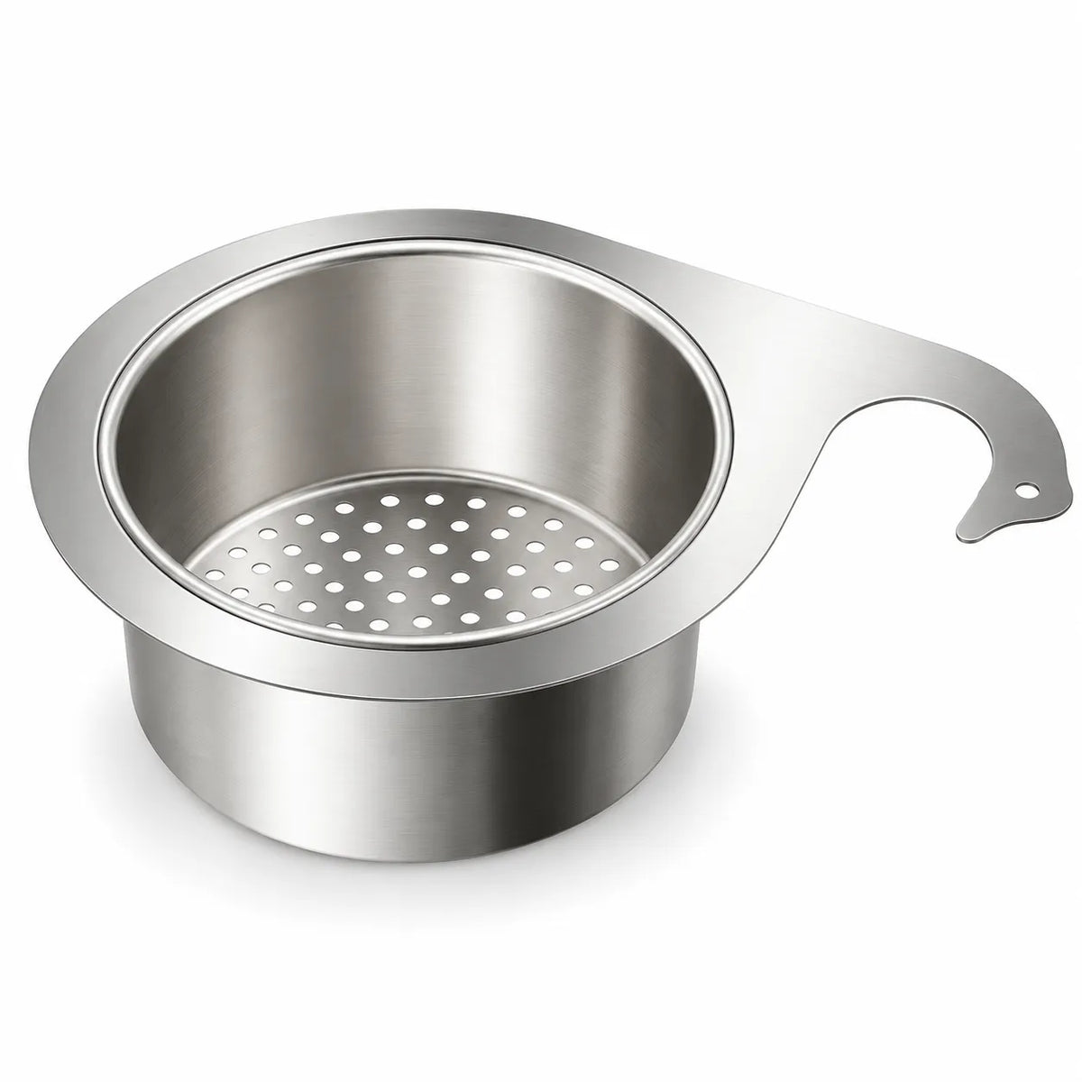 Stainless steel sink strainer basket with a perforated base and a handle that rests on the sink edge