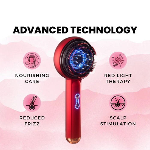 Red hair care device with text highlighting advanced technology features on a pink background