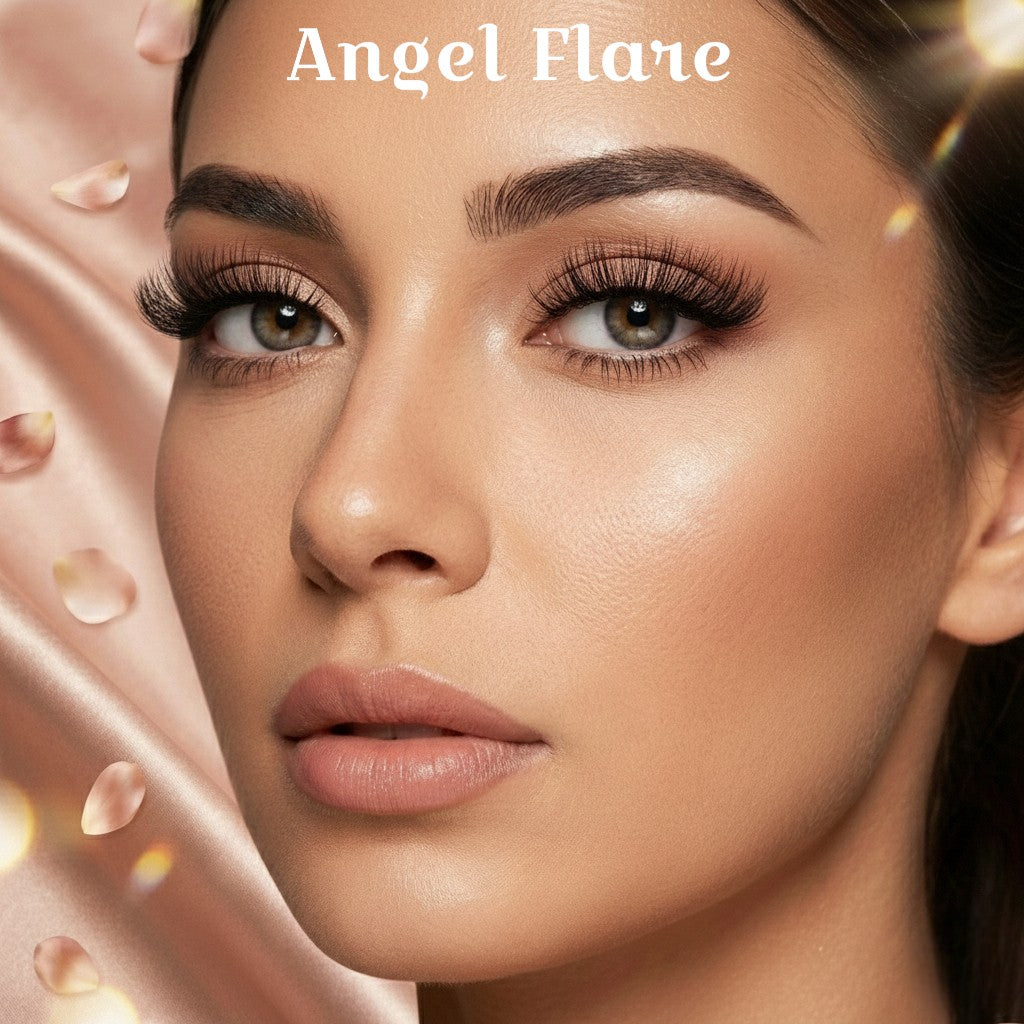 Close-up of a woman's face with 'Angel Flare' branding on a soft, pink background.