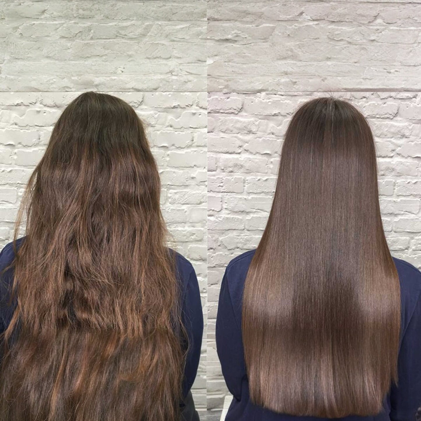Before and after comparison of hair straightening against a stone wall background