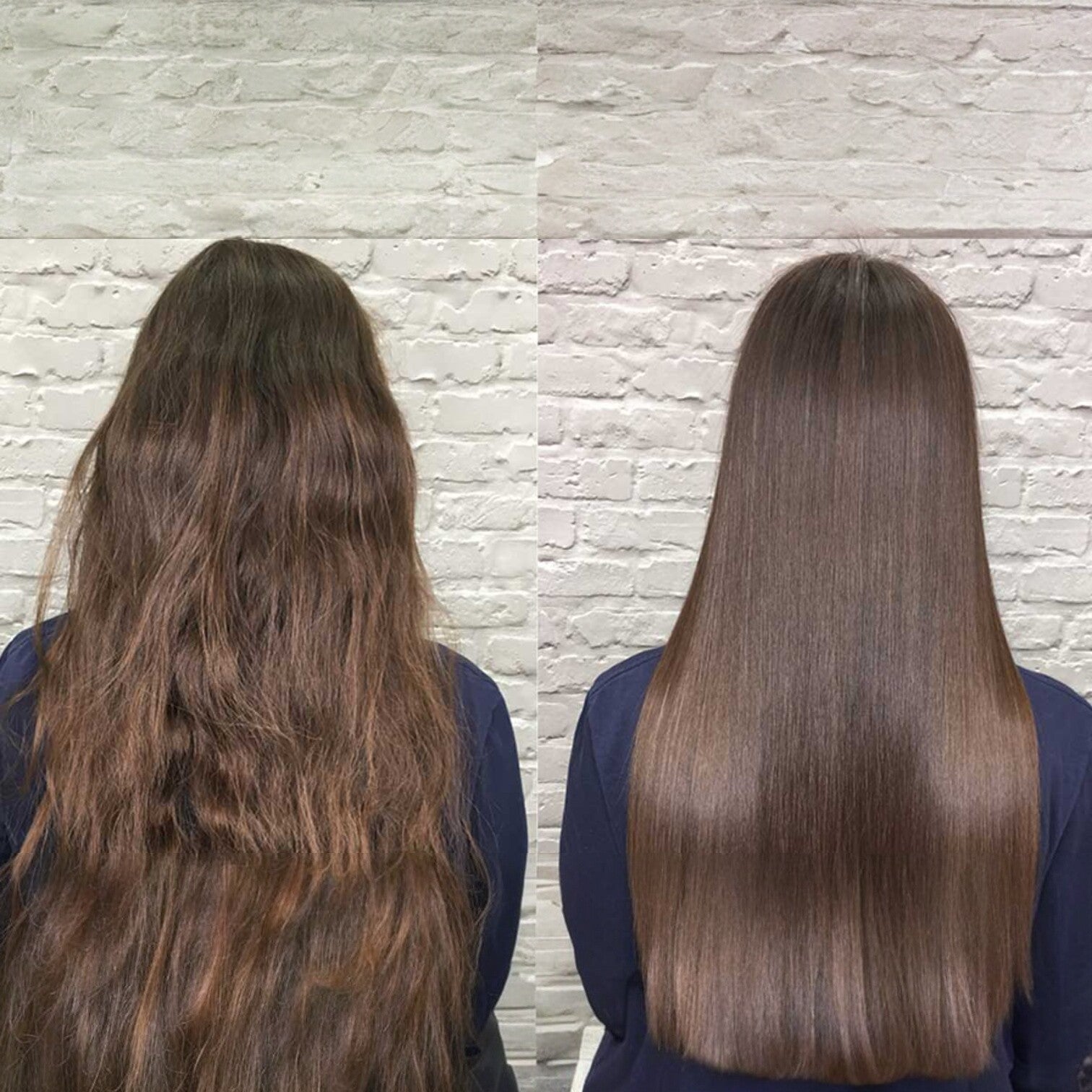 Before and after comparison of hair straightening against a stone wall background
