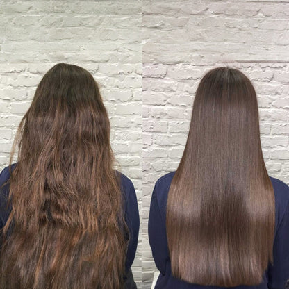 Before and after comparison of hair straightening against a stone wall background