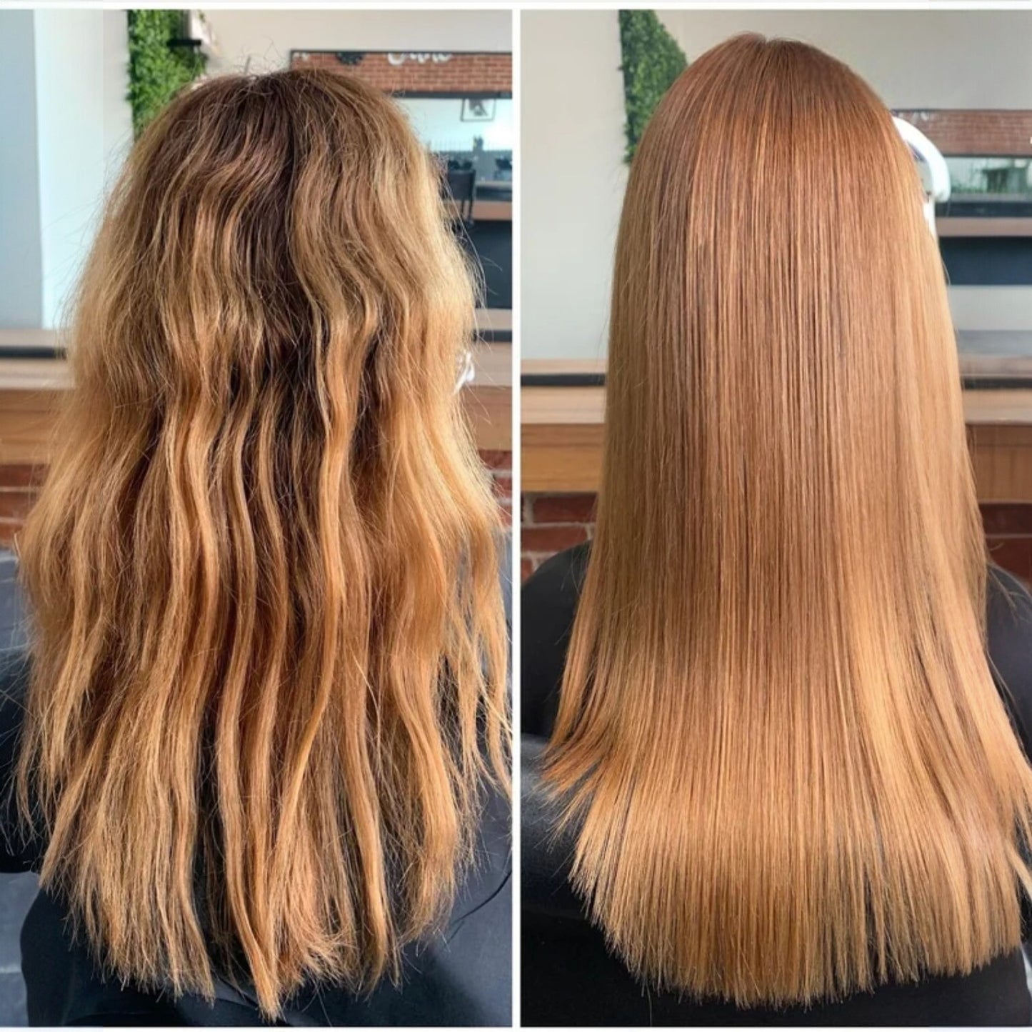 Before and after comparison of long, wavy hair styled straight.