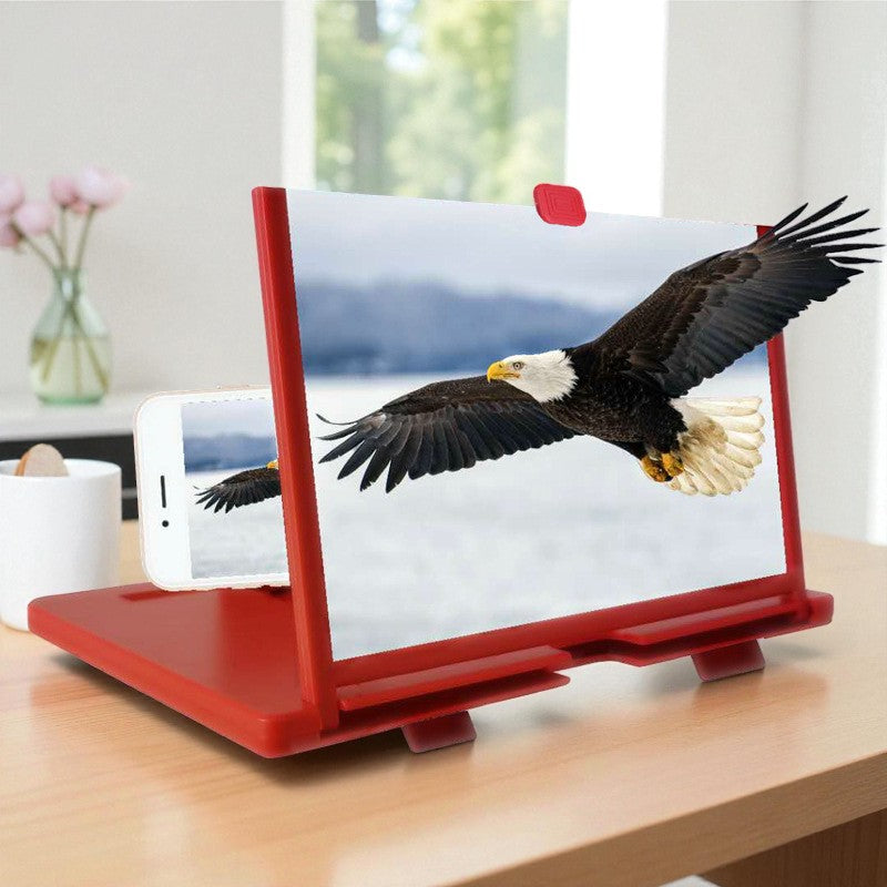Red  phone screen magnifier  an eagle on a screen, placed on a wooden surface with a blurred background.