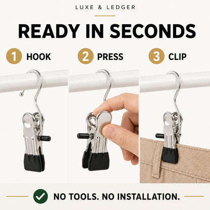 Instructional graphic for a Luxe & Ledger hook-and-clamp organizer, showing three steps: hooking onto a white rod, pressing the clip, and clipping a beige fabric item. The text reads 'READY IN SECONDS' and 'NO TOOLS.