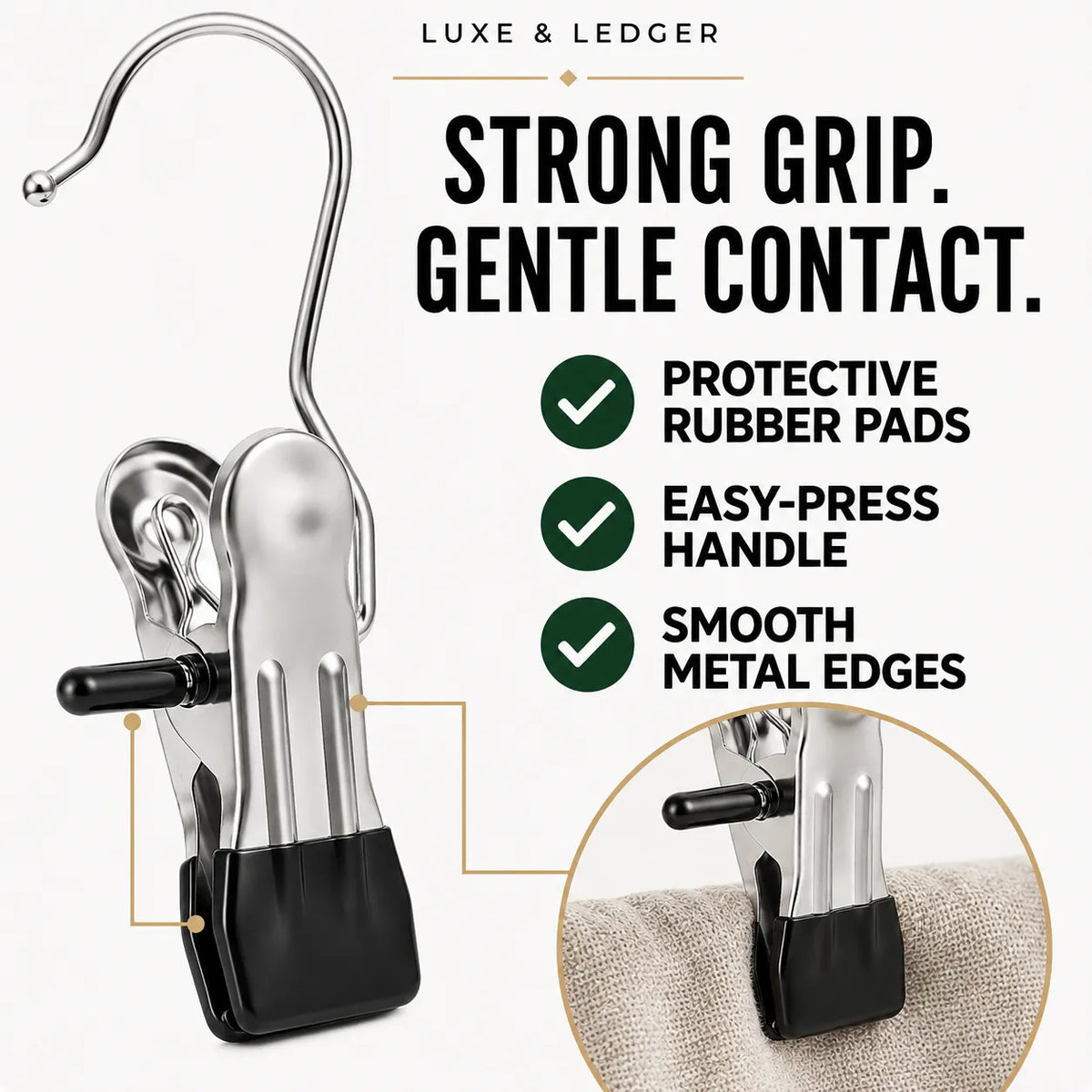 A metal fabric clip with a curved hook, black rubber pad, and black lever, shown on a light background with marketing text and a circular inset demonstrating use on fabric.