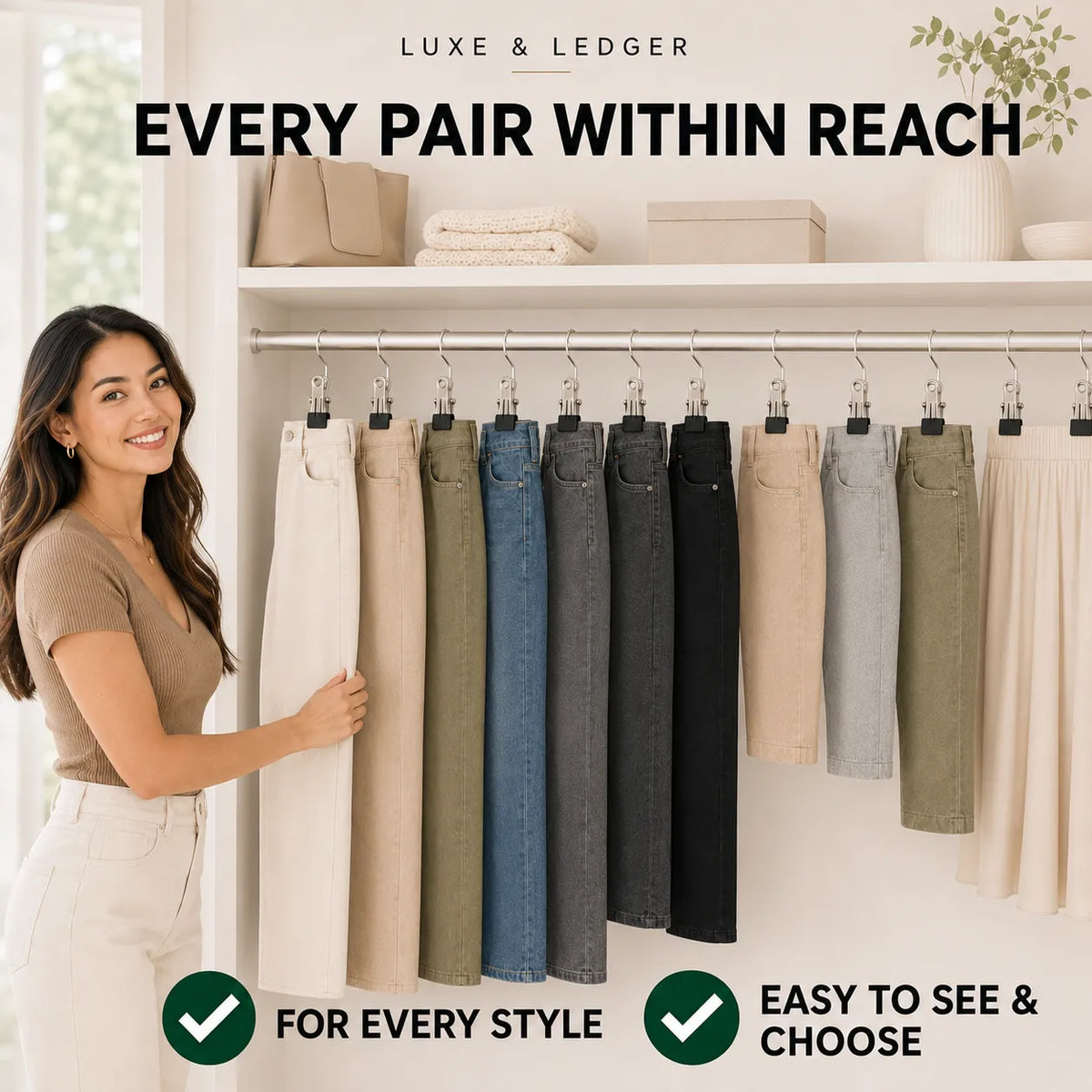 A woman stands beside a wall-mounted clothing rack displaying multiple pairs of jeans in different colors, including cream, olive, blue, charcoal, black, light gray, and sage green. Large text at the top reads 'EVERY PAIR WITHIN REACH' with smaller text 'LUXE & LEDGER' above, and green check badges at the bottom say 'FOR EVERY STYLE' and 'EASY TO SEE & CHOOSE'.