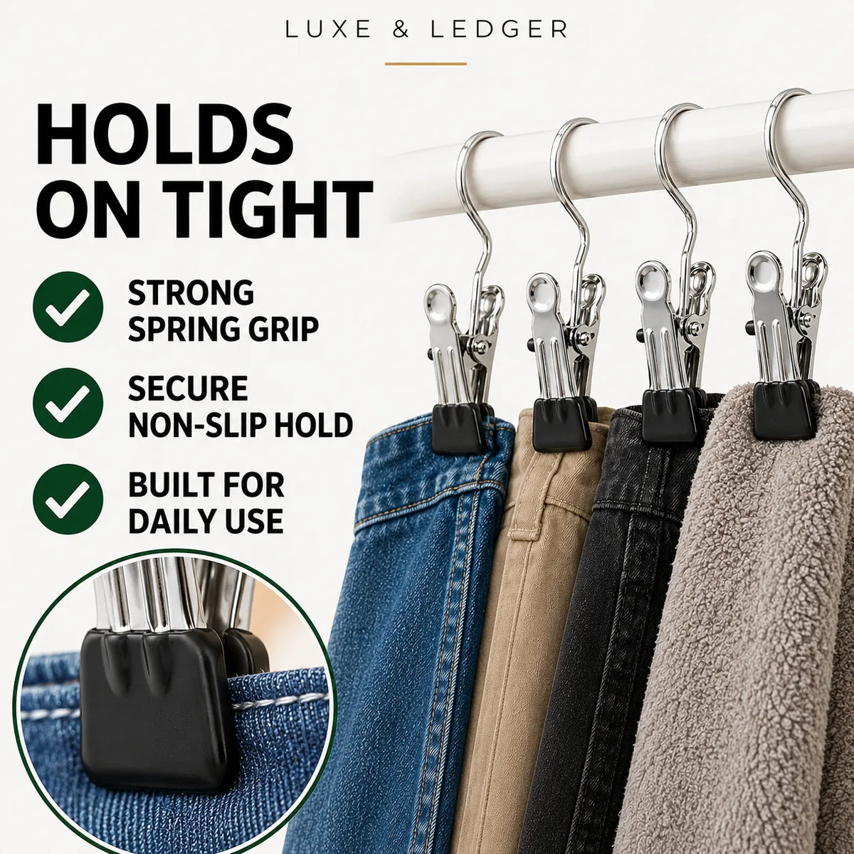 Silver metal spring clips with black plastic grips hanging from a white rod to hold jeans and sweaters in place. Text reads 'HOLDS ON TIGHT' with features listed below, and a circular inset shows a close-up of the black grip on a blue jeans pocket.