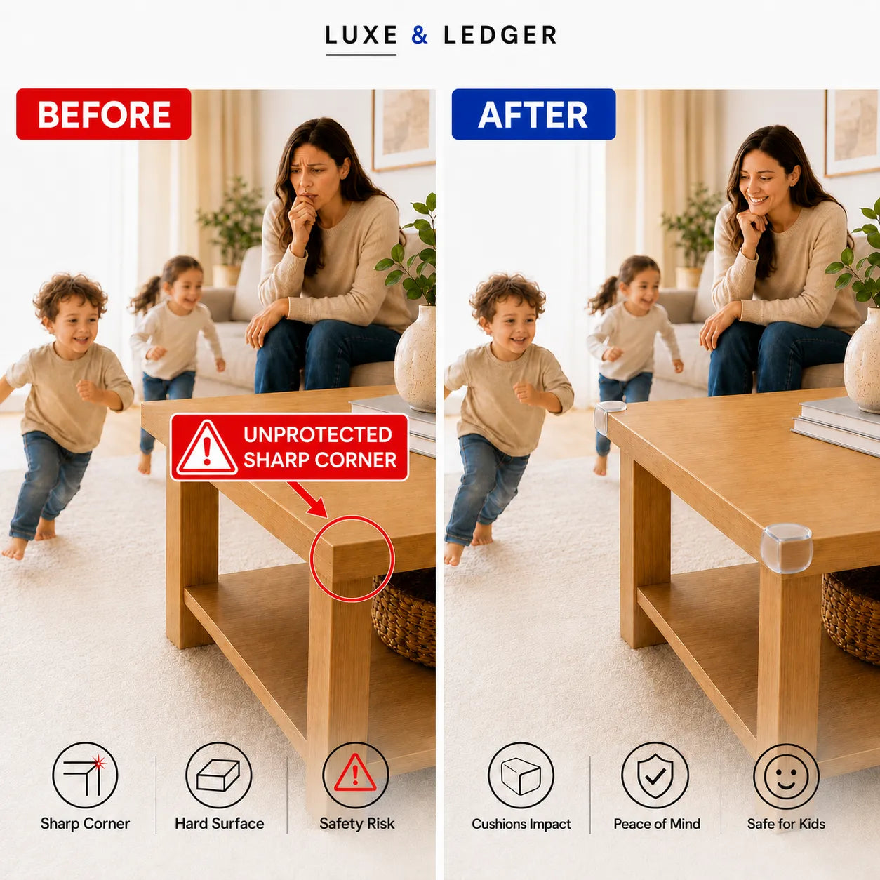 A before-and-after comparison showing a woman and two children in a living room next to a wooden coffee table. The left side is labeled 'BEFORE' with a red warning label pointing to an unprotected sharp corner, and the right side is labeled 'AFTER' with a clear corner protector installed on the table edge.