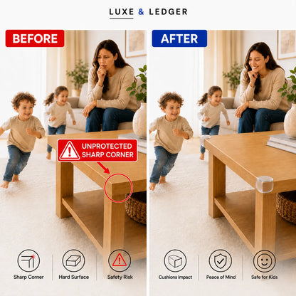 A before-and-after comparison showing a woman and two children in a living room next to a wooden coffee table. The left side is labeled 'BEFORE' with a red warning label pointing to an unprotected sharp corner, and the right side is labeled 'AFTER' with a clear corner protector installed on the table edge.