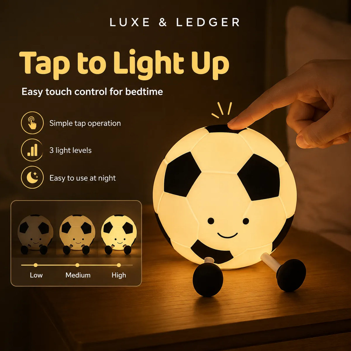 A soccer ball-shaped night light with a smiling face, shown glowing on a wooden table. A human hand is touching the top to activate it, with marketing text and icons explaining touch control and light levels.
