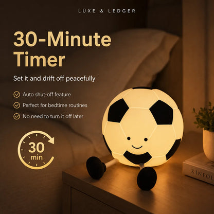 A soccer-ball-shaped night light with a smiling face and small legs, glowing on a bedside table in a bedroom. Text on the image reads '30-Minute Timer' and 'LUXE & LEDGER', with feature bullet points and a 30-minute icon.