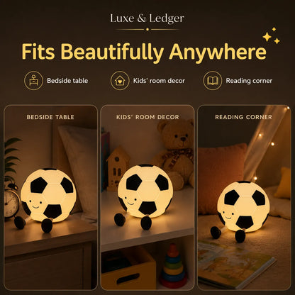 A promotional graphic for a cute soccer-ball-shaped lamp by Luxe & Ledger, showing three lifestyle application scenes: bedside table, kids' room decor, and reading corner. The lamp glows warmly with a black and white pattern and a smiling face.