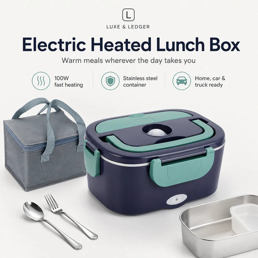 Luxe & Ledger Electric Heated Lunch Box in navy blue with mint green accents, shown with a gray insulated bag, silver utensils, and a stainless steel container on a light gray background with product feature icons.