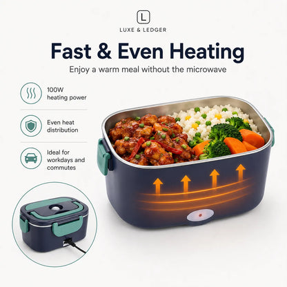 Luxe & Ledger electric heated lunch box in navy blue and teal, shown with a prepared meal inside and promotional text highlighting fast even heating, 100W power, and ideal commute use.