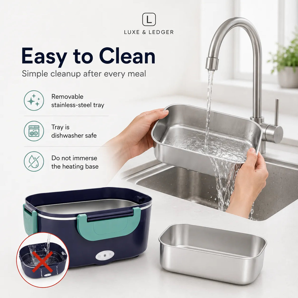 A stainless steel rectangular cleaning tray being rinsed under running water at a kitchen sink, with a person's hands holding it. The image also shows the product's packaging/tray and a feature callout reading 'Easy to Clean' with icons for removable stainless-steel tray, dishwasher safe, and no heating base.