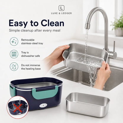 A stainless steel rectangular cleaning tray being rinsed under running water at a kitchen sink, with a person's hands holding it. The image also shows the product's packaging/tray and a feature callout reading 'Easy to Clean' with icons for removable stainless-steel tray, dishwasher safe, and no heating base.