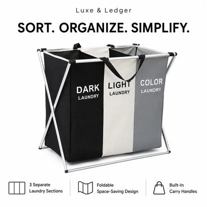 A Luxe & Ledger three-compartment folding laundry basket with a silver metal frame, shown on a white background with feature icons and text below.