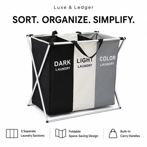 A Luxe & Ledger three-compartment folding laundry basket with a silver metal frame, shown on a white background with feature icons and text below.