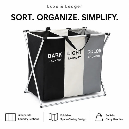 A Luxe & Ledger three-compartment folding laundry basket with a silver metal frame, shown on a white background with feature icons and text below.