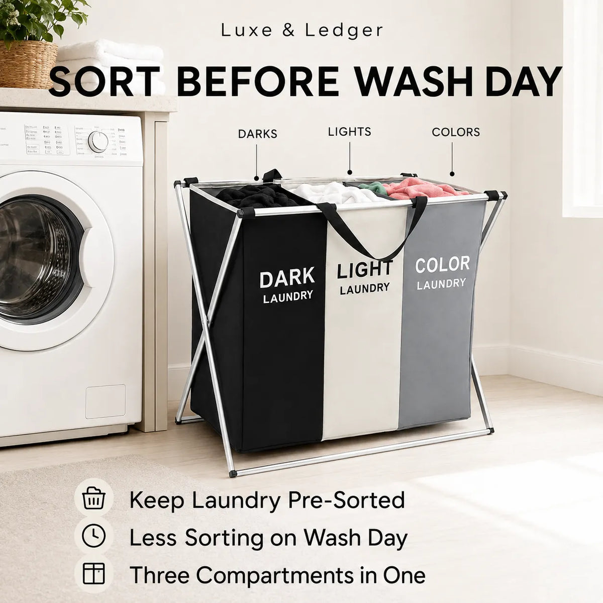 A freestanding three-compartment laundry sorter with black, white, and gray fabric compartments and a metal frame, shown in a bright laundry room beside a washing machine. Large text reads 'SORT BEFORE WASH DAY' with labels for darks, lights, and colors, plus feature callouts at the bottom.