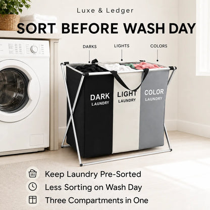 A freestanding three-compartment laundry sorter with black, white, and gray fabric compartments and a metal frame, shown in a bright laundry room beside a washing machine. Large text reads 'SORT BEFORE WASH DAY' with labels for darks, lights, and colors, plus feature callouts at the bottom.